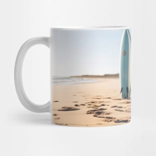 Surf lifestyle and Surfboards at sunset beach sand Mug